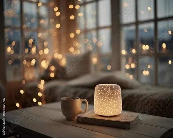 Fototapeta Cozy Indoor Space with Decorative Lamp and Warm Bokeh Lights