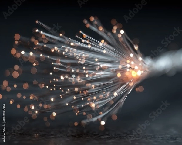 Fototapeta Shimmering Fiber Optic Lights with Glowing Particles on Dark Surface