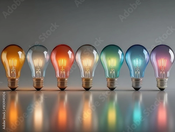 Fototapeta Colorful light bulbs glowing in a row on a reflective surface