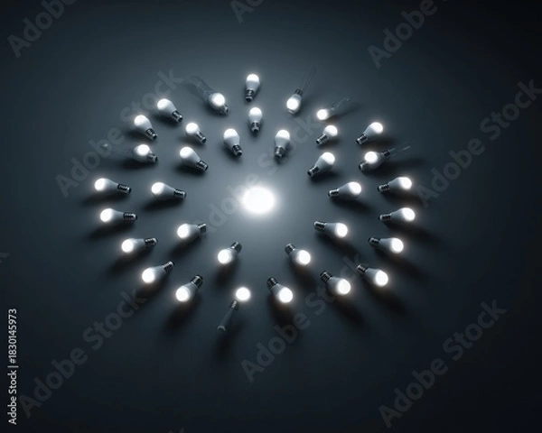 Fototapeta Bright Light Bulbs Arranged in Circular Pattern on Dark Background