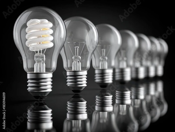 Fototapeta Sequence of Light Bulbs Representing Energy Efficiency and Innovation