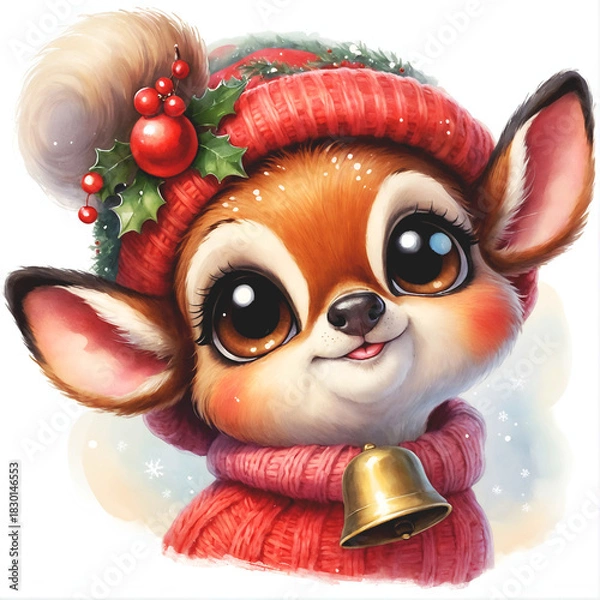Obraz Dressed in a cozy red hat and sweater, a baby deer smiles gently beneath falling snowflakes. Holding a golden bell, it brings a quiet moment of festive warmth to the winter scene.