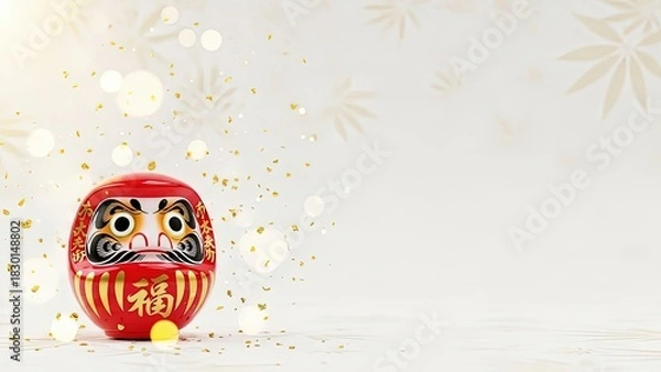 Fototapeta 赤だるまと金箔が舞う和柄の華やかな正月背景