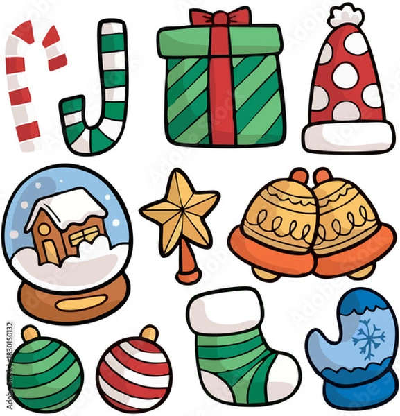 Obraz Christmas Icon Set – Fireplace, Wreath, Tree, Stockings and Holiday Decorations