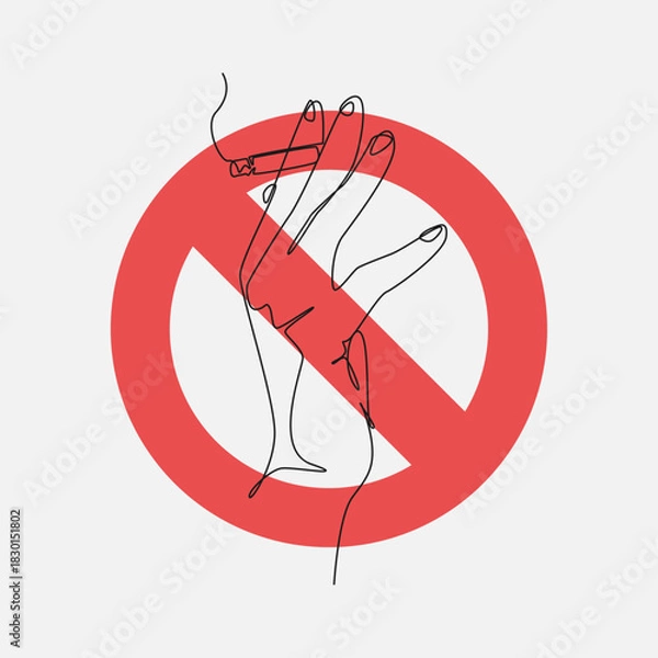 Fototapeta No smoking. Hand holding cigarette with prohibition sign in continuous one line drawing style. Editable stroke. Vector illustration.