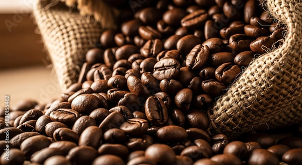 Obraz Coffee beans spilling out of a burlap sack