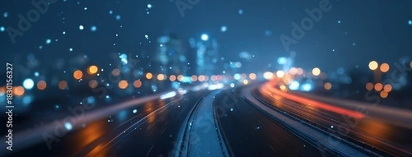 Fototapeta Night highway with light trails from cars and blurred traffic lights creating orange and white streaks on urban road	