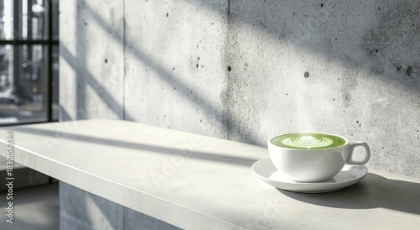 Fototapeta Matcha latte coffee with beautiful foam art in white cup on concrete table. Minimalist modern interior with natural sunlight streaming through window.