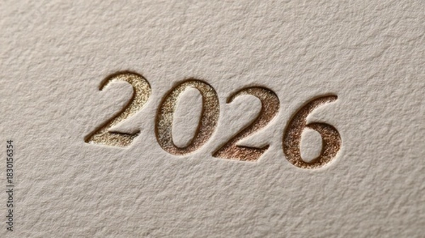 Fototapeta Elegant embossed number 2026 in gold metallic finish on textured paper background. Minimalist luxury design with premium typography.