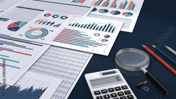 Obraz ビジネスデータをプリントした書類とビジネスグッズ