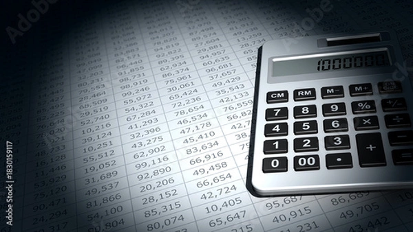 Obraz スポットライトに照らされた電卓と数字の書類、事務や経理の計算イメージ