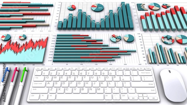 Obraz 3Dで表現したビジネスグラフとキーボード