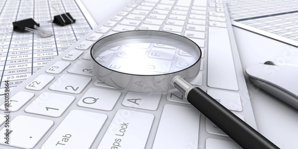 Obraz 虫メガネとキーボードとビジネス書類
