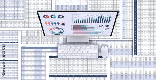 Obraz ビジネス資料とデータを表示するデスクトップパソコン、データ分析・検討のイメージ