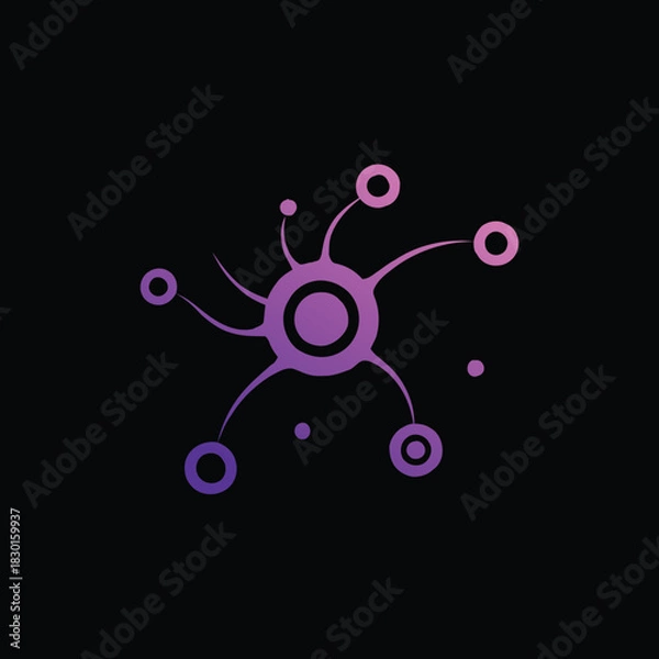 Fototapeta Abstract purple neuron or cell structure with radiating connections on a black background.
