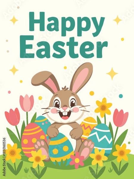 Fototapeta Cute Easter Bunny With Colorful Eggs and Spring Flowers 