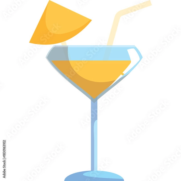 Fototapeta Stylized Yellow Orange Juice In A Clear Martini Glass With A Yellow Umbrella And White Straw On A White Background Flat Illustration Vector Art