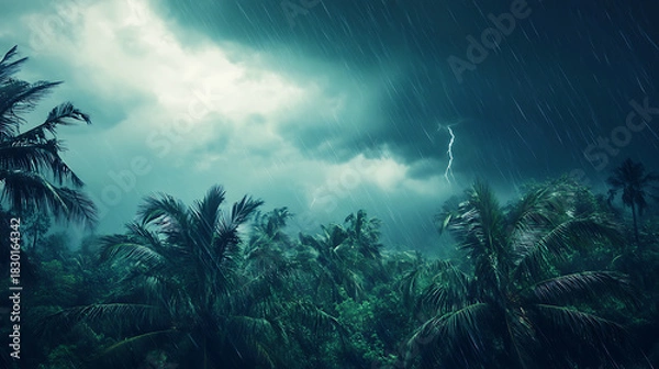Fototapeta A powerful thunderstorm unleashes heavy rain and lightning over a remote tropical jungle