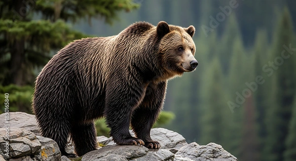Obraz Brown bear on rocks with forest background