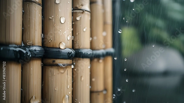 Fototapeta Serene close-up of bamboo fence adorned with glistening raindrops during a gentle rainfall in a tranquil garden setting, evoking peace and natural beauty