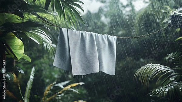 Fototapeta Linen fabric drying on a clothesline amidst lush green foliage in a tropical rainforest during a heavy downpour