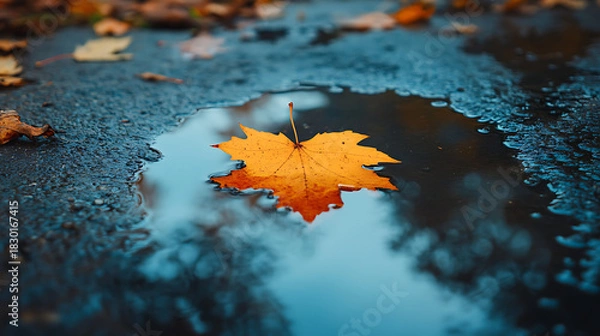 Fototapeta Autumn Leaf Reflections Golden Maple in a Puddle, Capturing Fall's Beauty