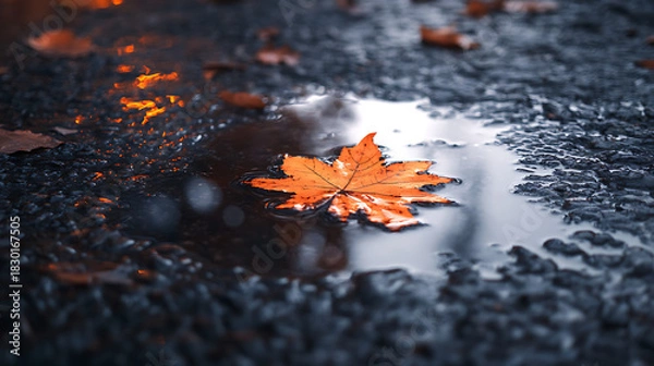 Fototapeta Solitary Maple Leaf in Dark Puddle Autumn's Reflection on Wet Asphalt