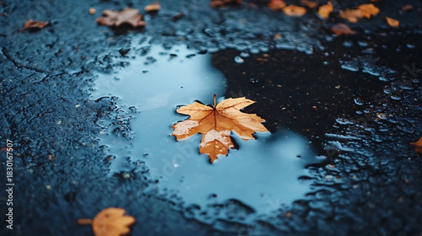 Fototapeta A solitary golden maple leaf floats in a dark puddle, reflecting the autumn sky on wet asphalt after a rain