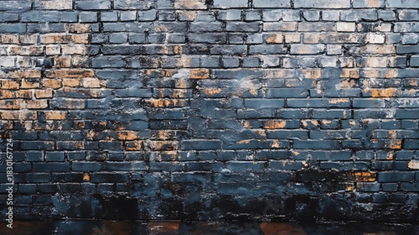 Fototapeta Old weathered dark blue brick wall with grungy texture, creating an urban industrial background for design elements and abstract concepts