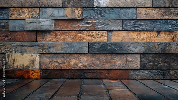 Fototapeta A captivating rustic backdrop showcasing a multi-toned stone tile wall paired with a wet, textured wooden floor, creating an inviting natural ambiance for various design projects