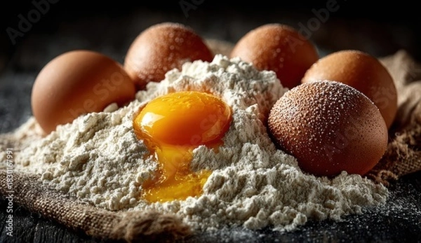 Fototapeta Fresh eggs surrounded by white flour for baking dough cookies or tortillas – ideal for food recipe blogs, culinary tutorials, and pastry packaging design

