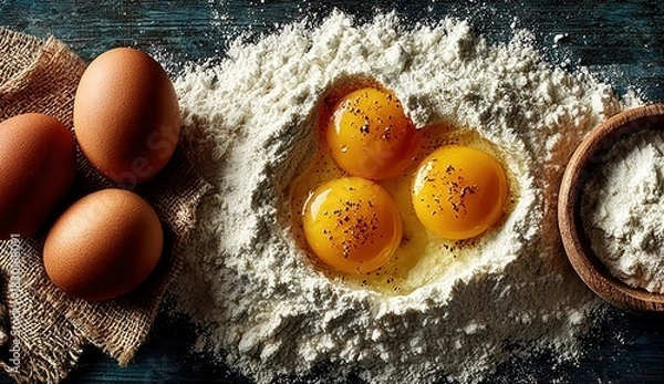 Fototapeta Fresh eggs with vibrant yellow yolks nestled in white flour for baking recipes, homemade pasta, culinary preparation, artisan cooking concept

