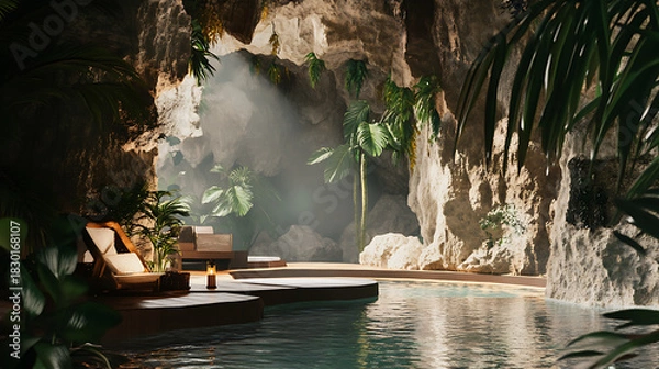 Fototapeta Luxurious Pool Retreat Tranquil Oasis with Natural Light and Lush Greenery