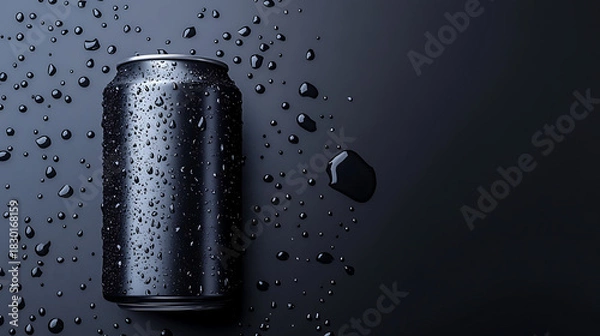 Fototapeta Sleek Black Can with Condensation, Reflecting Light in a Refreshing Still Life
