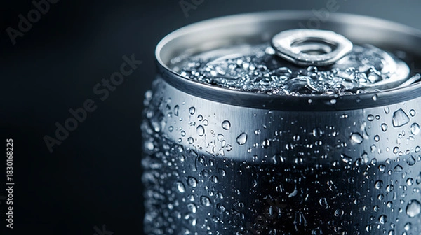 Fototapeta Close-up of a cold, condensation-covered beverage can, highlighting the refreshing nature of a chilled drink