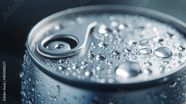 Fototapeta Close-up macro shot of a cold aluminum beverage can covered in condensation droplets on a dark background