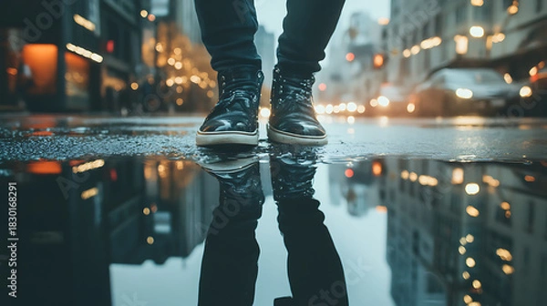 Fototapeta Reflective Steps Boots in a City Puddle After Rain