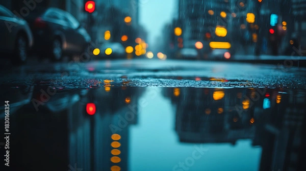 Fototapeta Vibrant reflections of city lights and modern architecture shimmer on a wet urban street after a rainfall, creating a captivating nocturnal cityscape