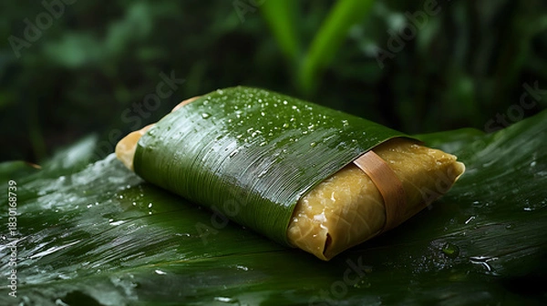 Fototapeta Delicious Tamale Wrapped in a Green Leaf on a Wet Surface Surrounded by Lush Foliage