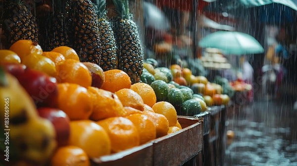 Fototapeta A close-up of a colorful fruit stand with fresh oranges and pineapples gleaming in the rain at an open-air market
