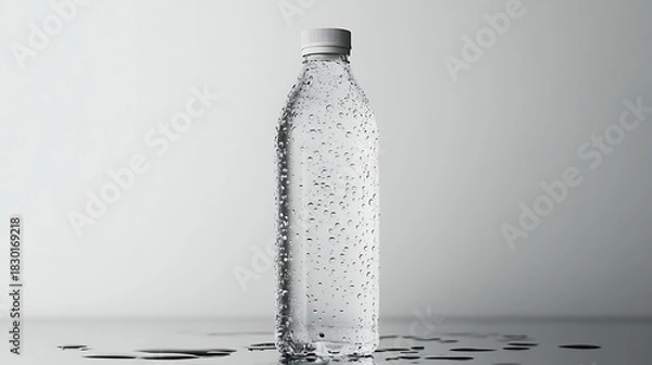 Obraz Clear plastic bottle filled with refreshing water and small bubbles, studio shot on a white background with water splashes around the base