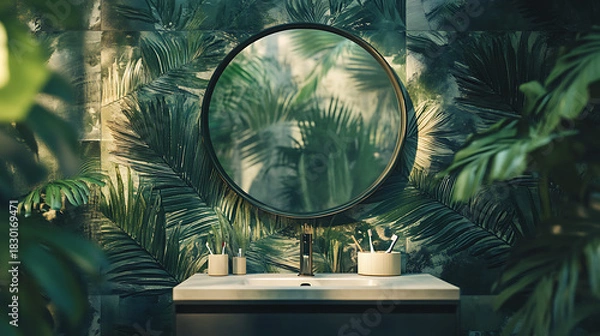 Fototapeta Lush tropical plants reflected in a modern bathroom mirror, creating a serene and natural ambiance