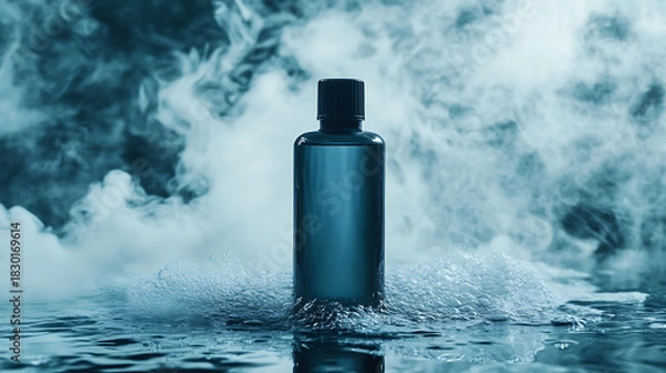 Fototapeta A mysterious unlabeled blue bottle of a cosmetic product, standing in a cloud of dense cold fog and bubbling icy water, for a premium skincare or fragrance concept
