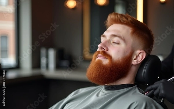Fototapeta Redhead man sitting in modern barbershop with closed eyes waiting for barber. High quality