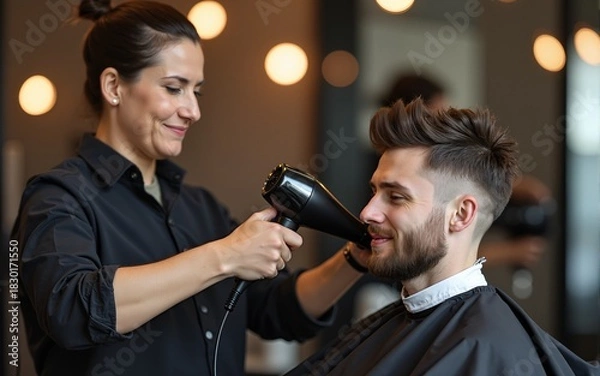 Fototapeta Barber with client using hair dryer in salon. High quality