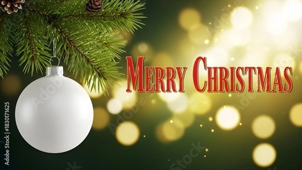 Obraz A warm, festive holiday banner design. Features a close-up of a white Christmas ball on a pine branch, with golden bokeh lights twinkling in the background. The text 'Merry Christmas' is displayed in 
