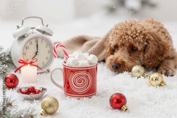 Obraz Adorable fluffy dog rests cozily by a warm mug of hot cocoa with marshmallows and festive holiday decorations on a snowy winter morning, evoking comfort and cheer