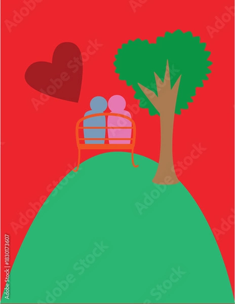 Fototapeta A vector art of a couple dating up on a hill. 