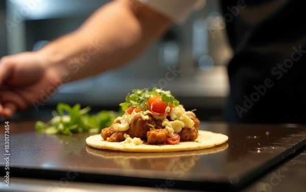 Fototapeta Crop chef preparing delicious taco on griddle at work. High quality