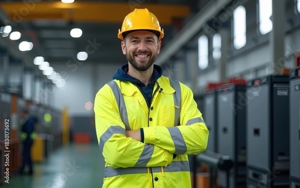 Fototapeta Smiling engineer wearing reflective clothing working in modern factory. High quality